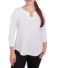 Ruby Rd. Petite Size Solid Paisley Floral Textured Knit Double Bar Detail Top