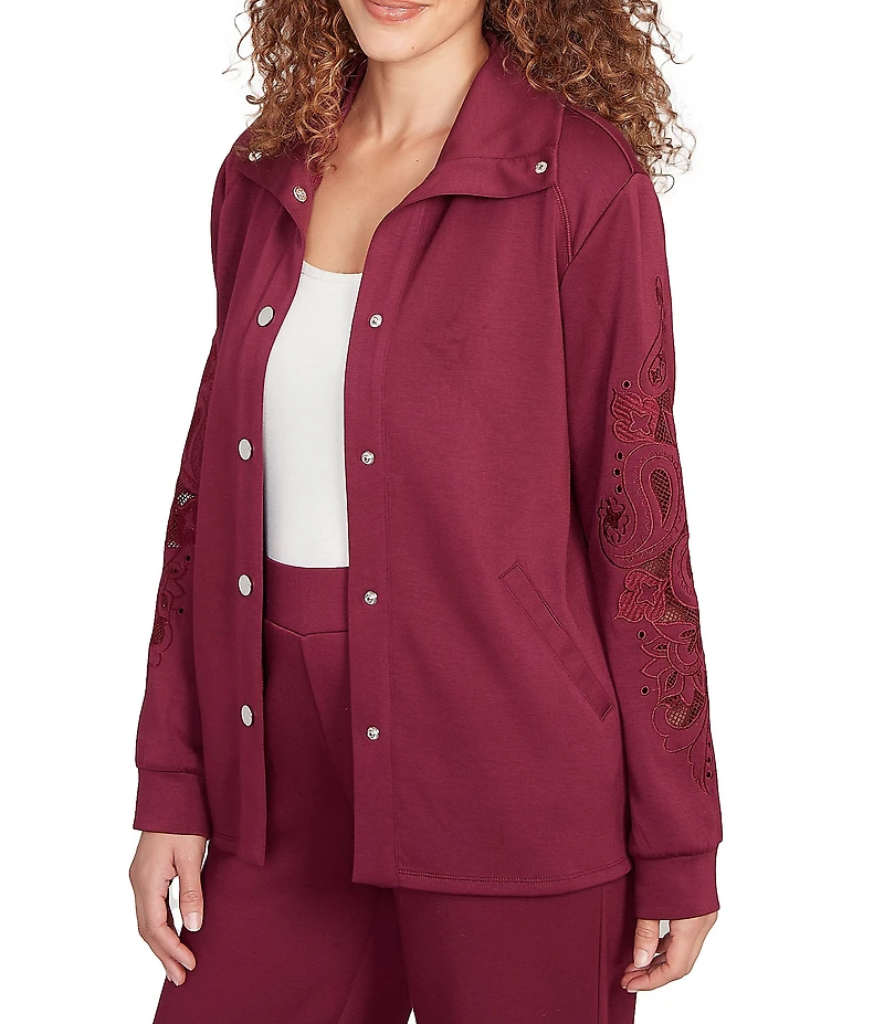 Ruby Rd. Petite Size Solid Scuba Open Floral Cut-Out Embroidered Long Sleeve Snap-Front Jacket
