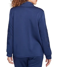 Ruby Rd. Petite Size Solid Scuba Open Floral Cut-Out Embroidered Long Sleeve Snap-Front Jacket