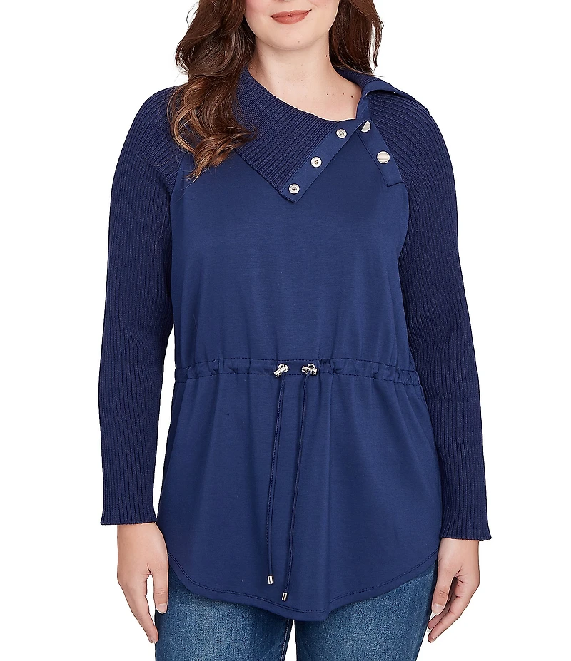 Ruby Rd. Petite Size Solid Scuba Snap Cowl Neck Long Sleeve Top