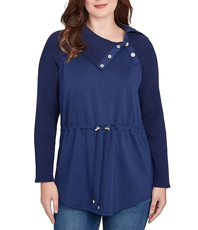 Ruby Rd. Petite Size Solid Scuba Snap Cowl Neck Long Sleeve Top