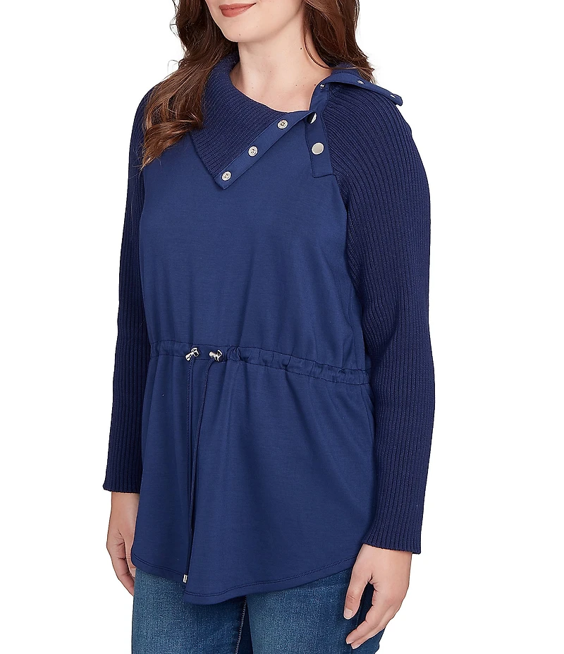 Ruby Rd. Petite Size Solid Scuba Snap Cowl Neck Long Sleeve Top