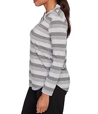 Ruby Rd. Petite Size Sparkling Metallic Stripe Knit Shawl Neck Long Sleeve Top