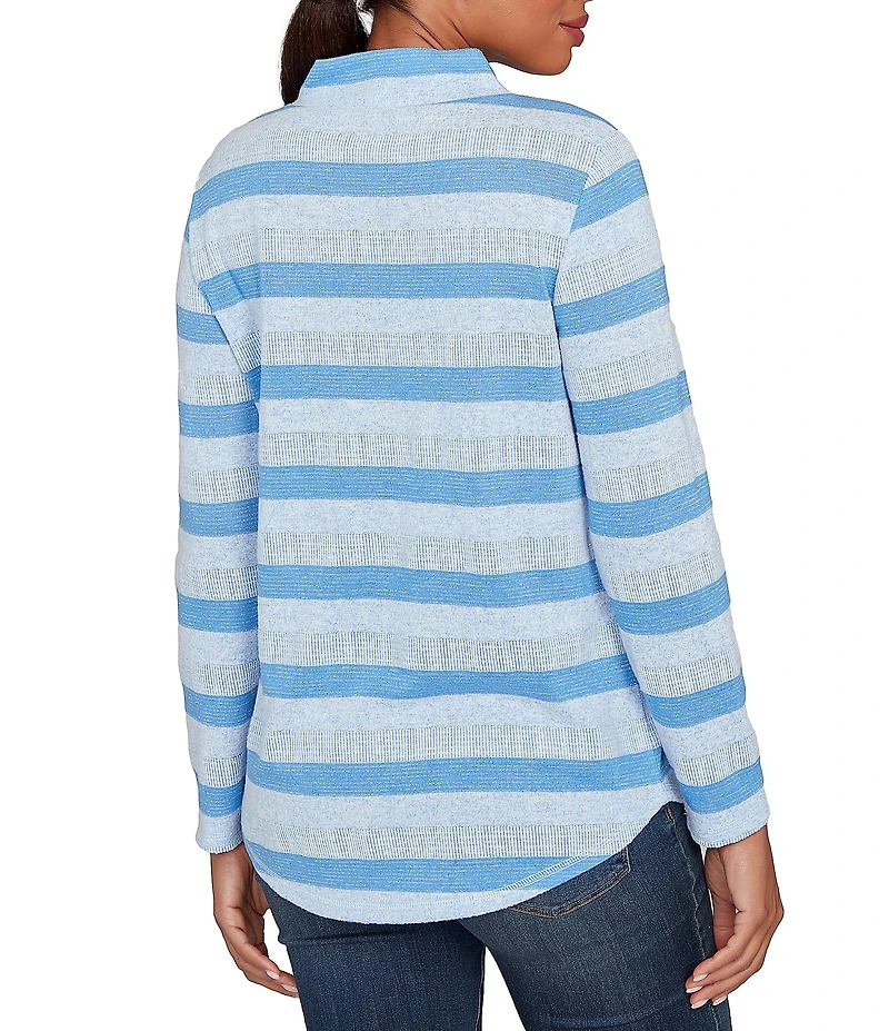 Ruby Rd. Petite Size Sparkling Metallic Stripe Knit Shawl Neck Long Sleeve Top