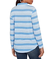 Ruby Rd. Petite Size Sparkling Metallic Stripe Knit Shawl Neck Long Sleeve Top