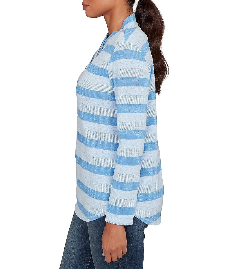 Ruby Rd. Petite Size Sparkling Metallic Stripe Knit Shawl Neck Long Sleeve Top