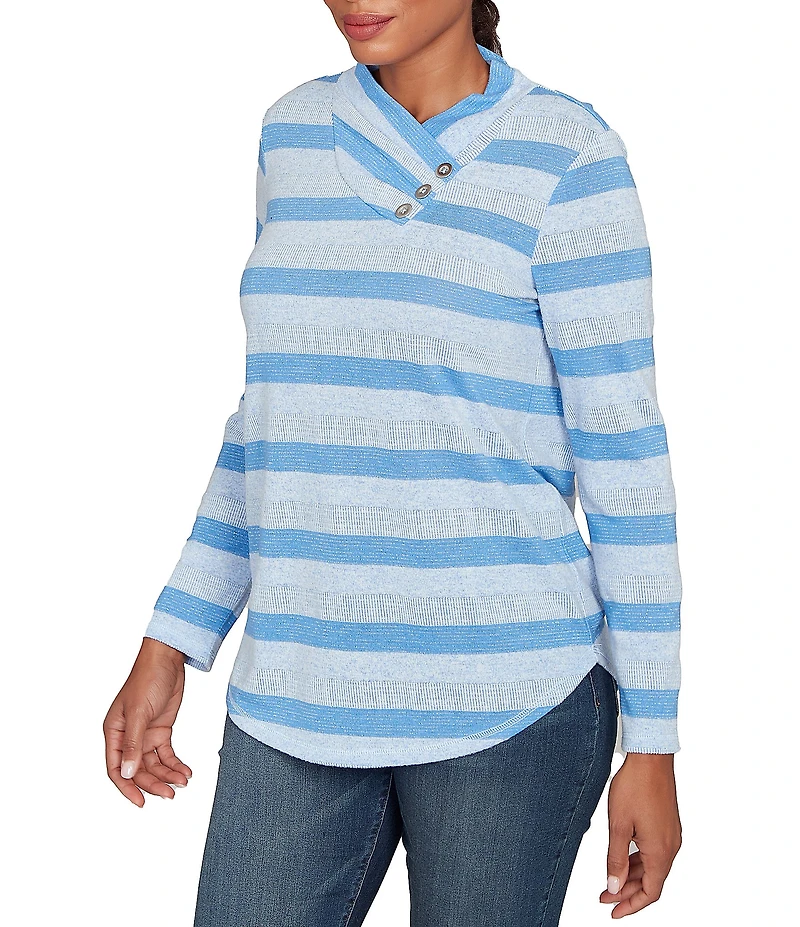 Ruby Rd. Petite Size Sparkling Metallic Stripe Knit Shawl Neck Long Sleeve Top