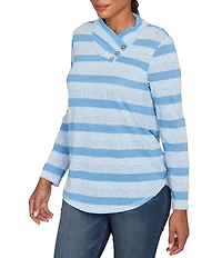 Ruby Rd. Petite Size Sparkling Metallic Stripe Knit Shawl Neck Long Sleeve Top