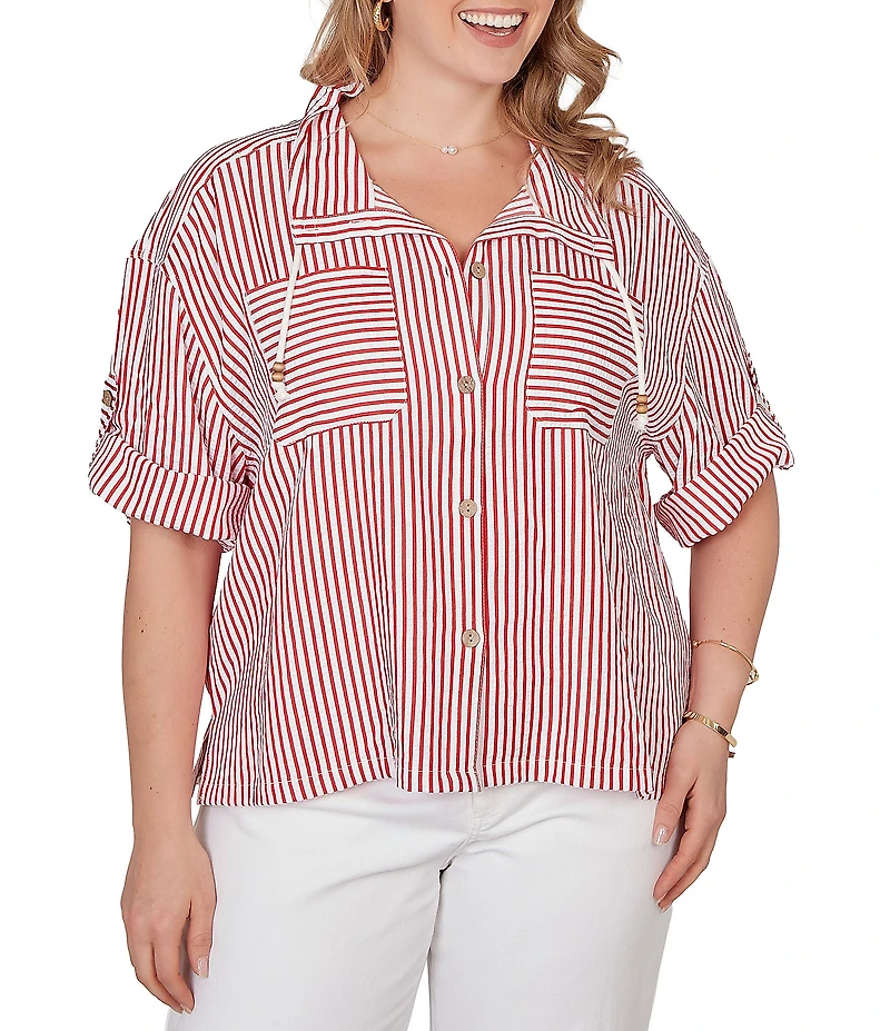 Ruby Rd. Petite Size Spliced Stripe Spread Collar 3/4 Roll-Tab Sleeve Button-Front Jacket