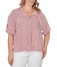 Ruby Rd. Petite Size Spliced Stripe Spread Collar 3/4 Roll-Tab Sleeve Button-Front Jacket