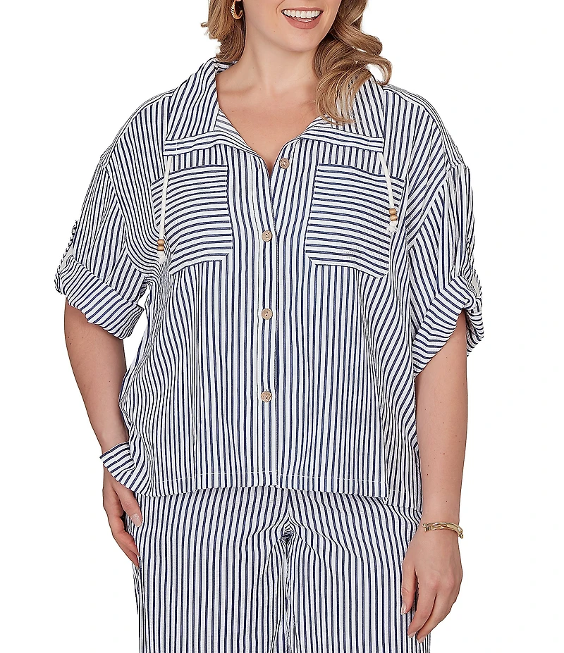 Ruby Rd. Petite Size Spliced Stripe Spread Collar 3/4 Roll-Tab Sleeve Button-Front Jacket