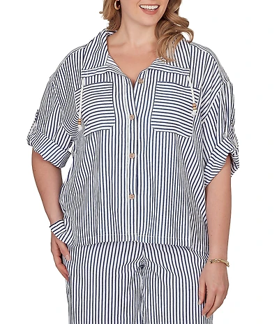 Ruby Rd. Petite Size Spliced Stripe Spread Collar 3/4 Roll-Tab Sleeve Button-Front Jacket