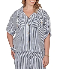 Ruby Rd. Petite Size Spliced Stripe Spread Collar 3/4 Roll-Tab Sleeve Button-Front Jacket