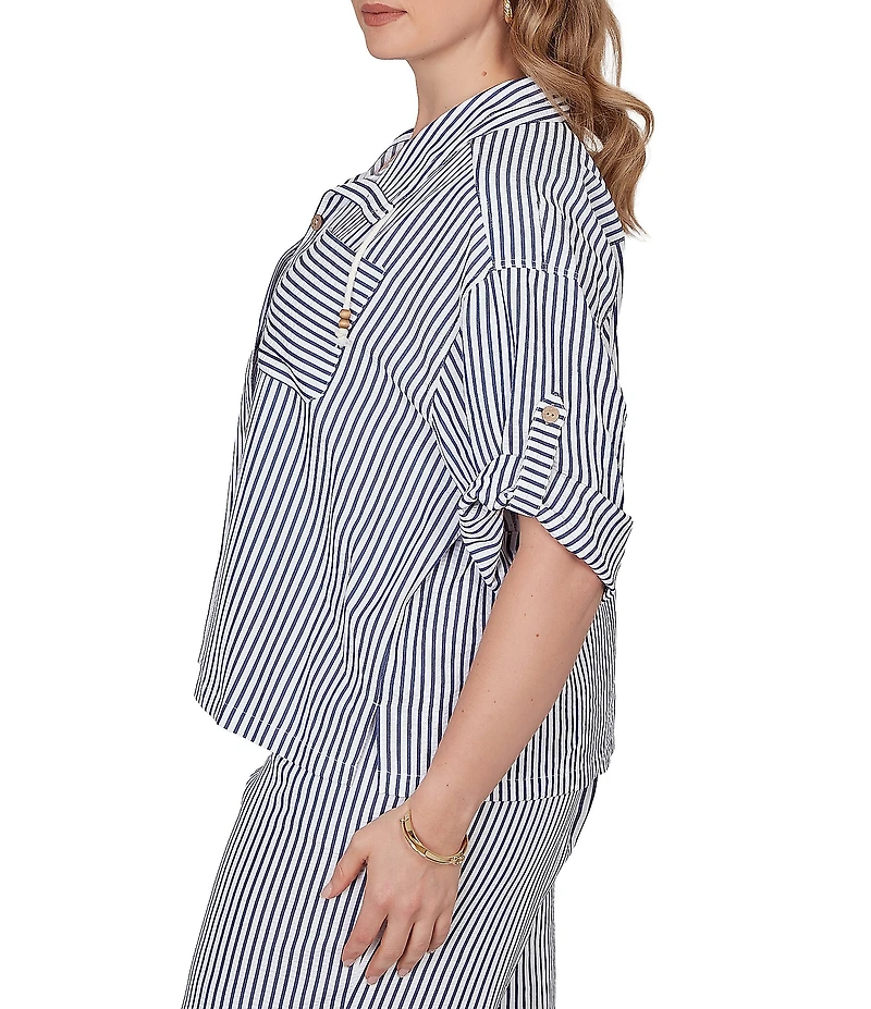 Ruby Rd. Petite Size Spliced Stripe Spread Collar 3/4 Roll-Tab Sleeve Button-Front Jacket