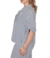 Ruby Rd. Petite Size Spliced Stripe Spread Collar 3/4 Roll-Tab Sleeve Button-Front Jacket