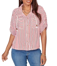 Ruby Rd. Petite Size Spliced Stripe Spread Collar 3/4 Roll-Tab Sleeve Button-Front Jacket