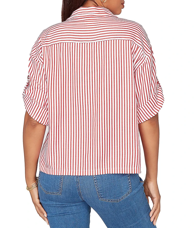 Ruby Rd. Petite Size Spliced Stripe Spread Collar 3/4 Roll-Tab Sleeve Button-Front Jacket