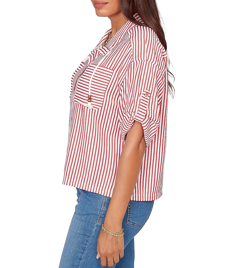 Ruby Rd. Petite Size Spliced Stripe Spread Collar 3/4 Roll-Tab Sleeve Button-Front Jacket