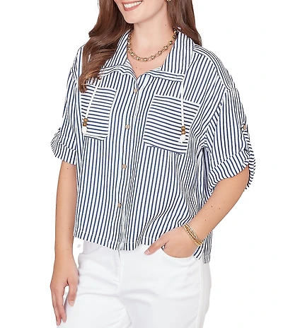 Ruby Rd. Petite Size Spliced Stripe Spread Collar 3/4 Roll-Tab Sleeve Button-Front Jacket