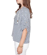 Ruby Rd. Petite Size Spliced Stripe Spread Collar 3/4 Roll-Tab Sleeve Button-Front Jacket