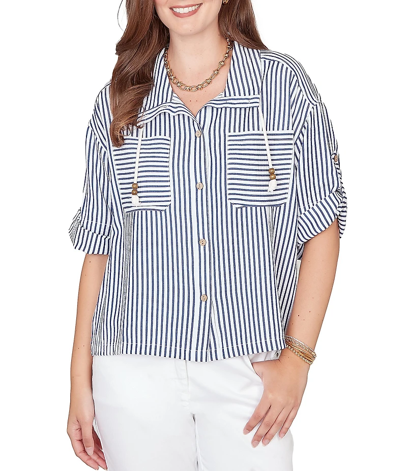Ruby Rd. Petite Size Spliced Stripe Spread Collar 3/4 Roll-Tab Sleeve Button-Front Jacket