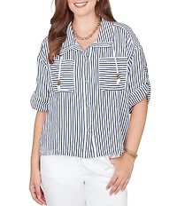 Ruby Rd. Petite Size Spliced Stripe Spread Collar 3/4 Roll-Tab Sleeve Button-Front Jacket