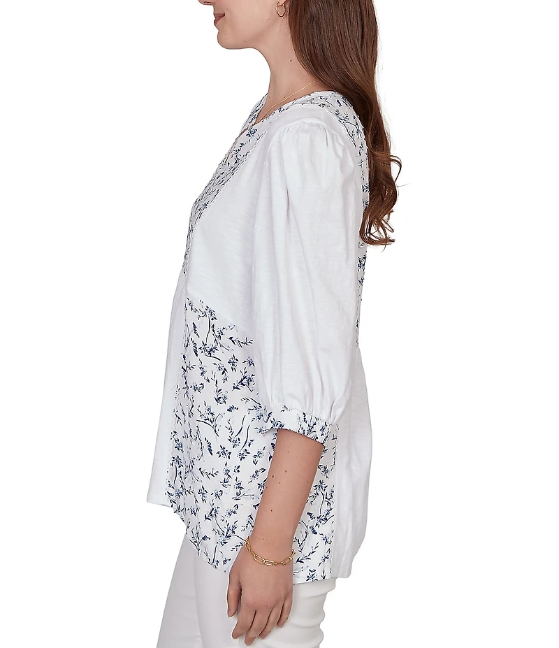 Ruby Rd. Petite Size Split V-Neck 3/4 Sleeve Sharkbite Hem Flowy Top