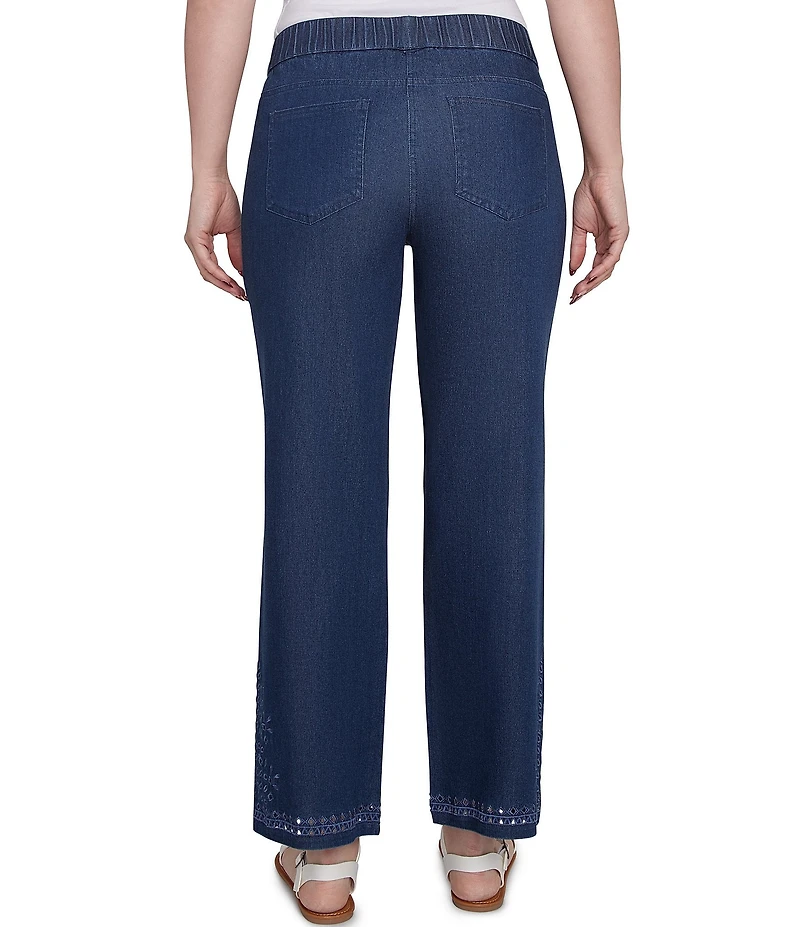 Ruby Rd. Petite Size Straight Leg Embroidered Eyelet Hem Pull-On Jeans