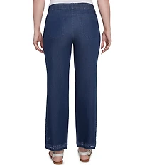 Ruby Rd. Petite Size Straight Leg Embroidered Eyelet Hem Pull-On Jeans