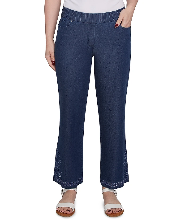 Ruby Rd. Petite Size Straight Leg Embroidered Eyelet Hem Pull-On Jeans