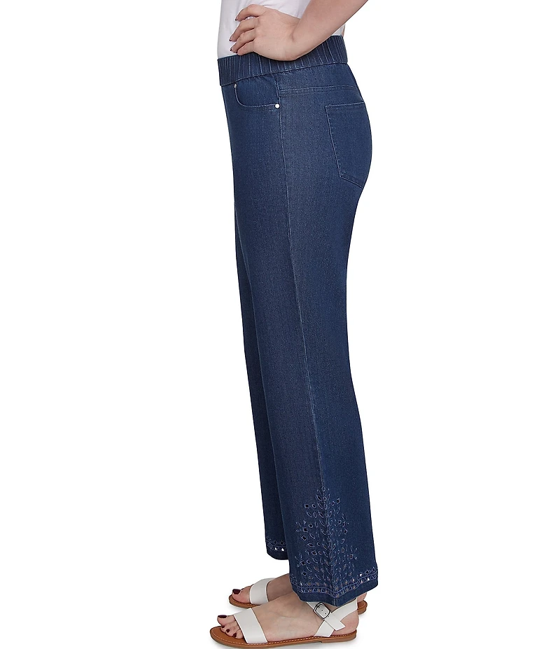 Ruby Rd. Petite Size Straight Leg Embroidered Eyelet Hem Pull-On Jeans
