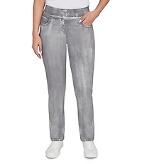 Ruby Rd. Petite Size Stretch Cotton-Blend Straight Slim Leg Metallic Denim Pull-On Jeans