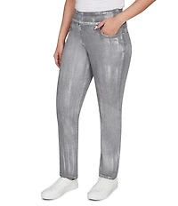 Ruby Rd. Petite Size Stretch Cotton-Blend Straight Slim Leg Metallic Denim Pull-On Jeans