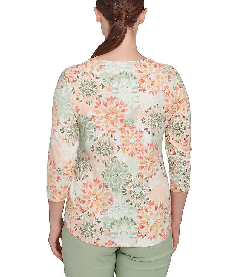 Ruby Rd. Petite Stretch Cotton Jersey Floral Envelope Neck 3/4 Sleeve Top