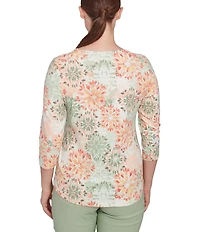 Ruby Rd. Petite Stretch Cotton Jersey Floral Envelope Neck 3/4 Sleeve Top