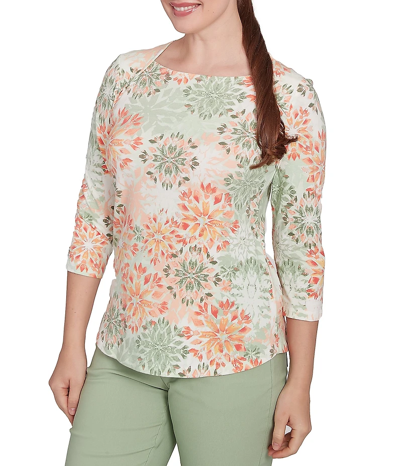 Ruby Rd. Petite Stretch Cotton Jersey Floral Envelope Neck 3/4 Sleeve Top