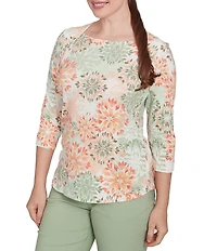 Ruby Rd. Petite Stretch Cotton Jersey Floral Envelope Neck 3/4 Sleeve Top