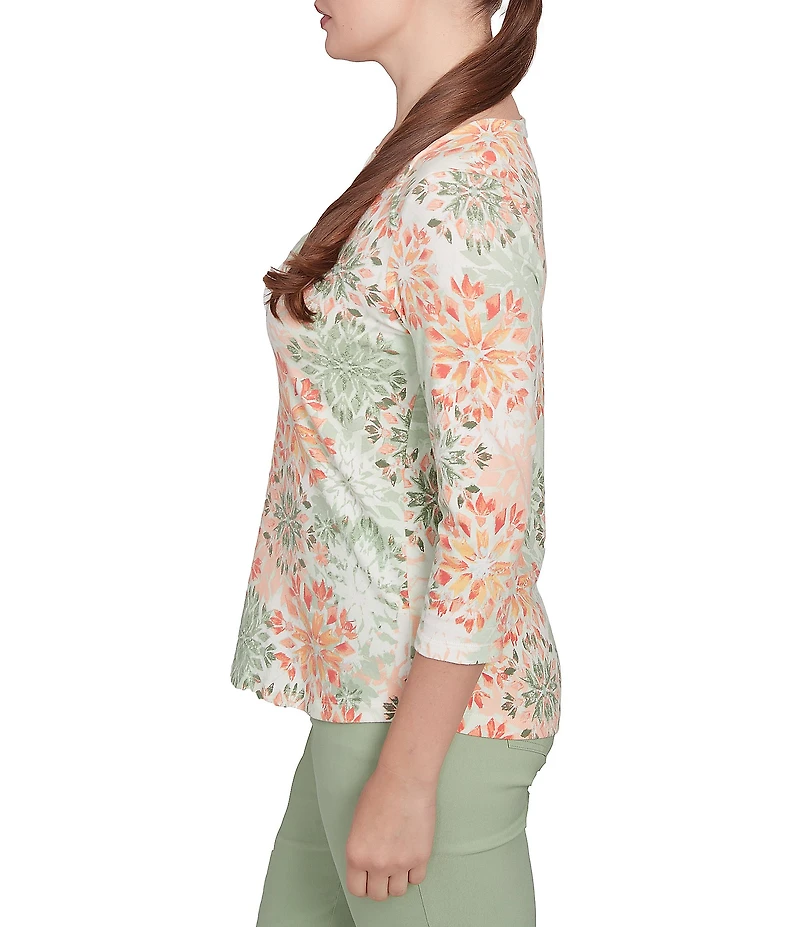 Ruby Rd. Petite Stretch Cotton Jersey Floral Envelope Neck 3/4 Sleeve Top