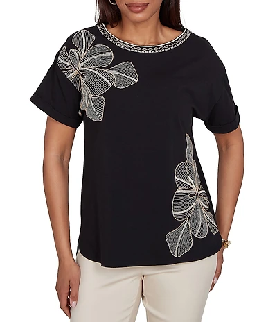 Ruby Rd. Petite Size Stretch Knit Embroidered Floral Boat Neck Short Sleeve Tee