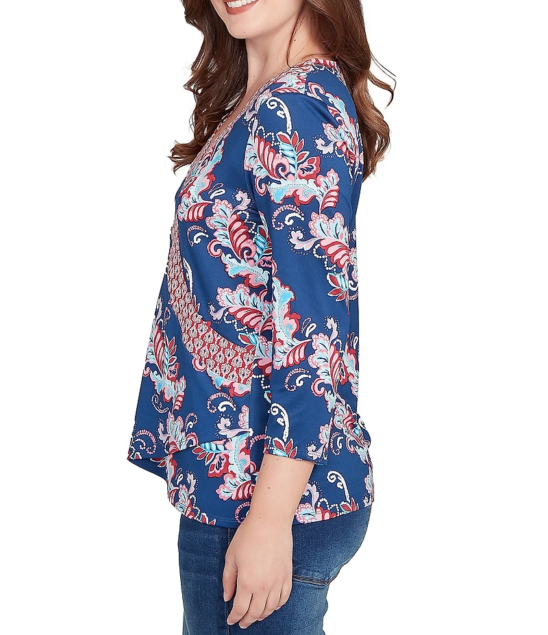 Ruby Rd. Petite Size Stretch Knit Floral Surplice V-Neck 3/4 Sleeve Top