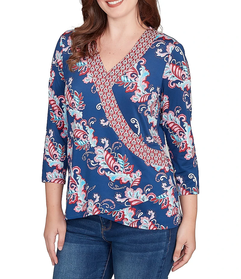 Ruby Rd. Petite Size Stretch Knit Floral Surplice V-Neck 3/4 Sleeve Top