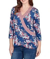 Ruby Rd. Petite Size Stretch Knit Floral Surplice V-Neck 3/4 Sleeve Top