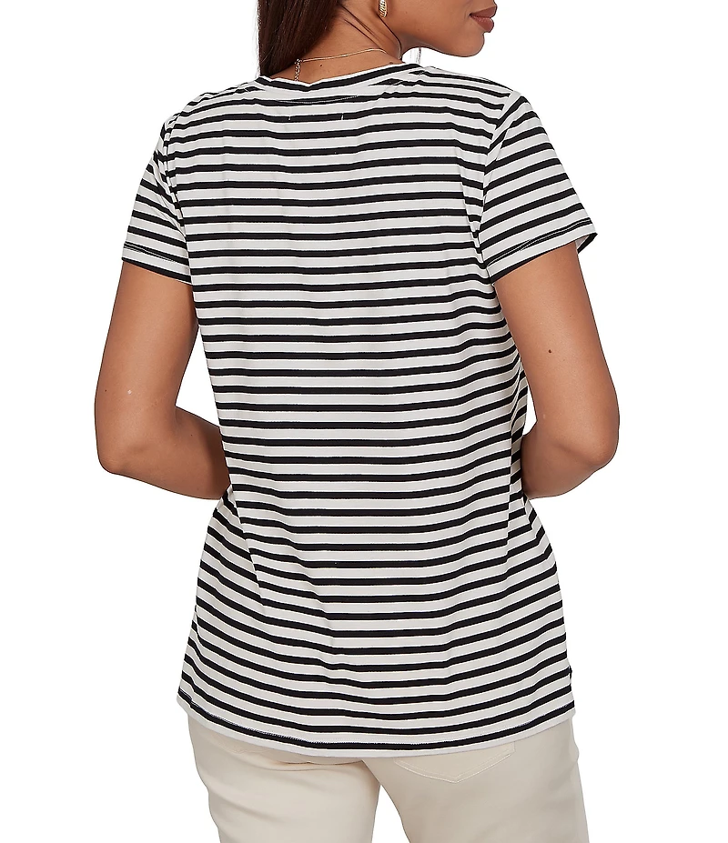 Ruby Rd. Petite Size Stretch Knit Stripe Toucan Heat-Set Embroidered Scoop Neck Short Sleeve Tee