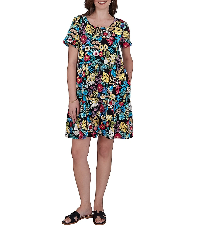 Ruby Rd. Petite Size Stretch Knit Vibrant Tropical Scoop Neck Short Sleeve Tiered Dress