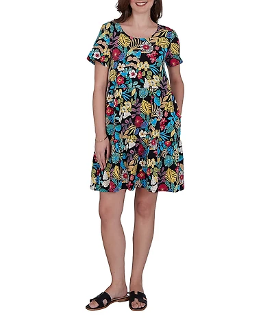 Ruby Rd. Petite Size Stretch Knit Vibrant Tropical Scoop Neck Short Sleeve Tiered Dress