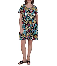 Ruby Rd. Petite Size Stretch Knit Vibrant Tropical Scoop Neck Short Sleeve Tiered Dress