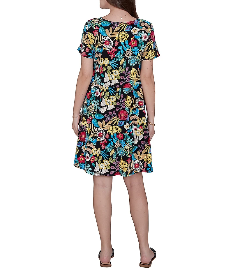 Ruby Rd. Petite Size Stretch Knit Vibrant Tropical Scoop Neck Short Sleeve Tiered Dress