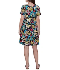 Ruby Rd. Petite Size Stretch Knit Vibrant Tropical Scoop Neck Short Sleeve Tiered Dress