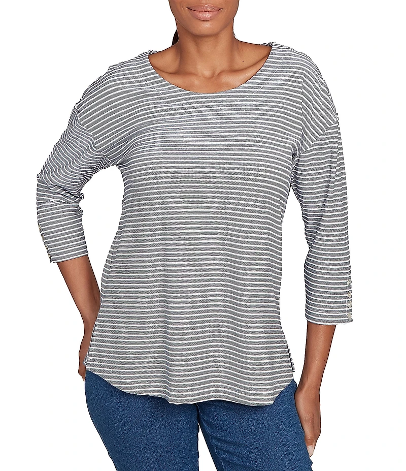 Ruby Rd. Petite Size Stripe Crew Neck 3/4 Sleeve Top