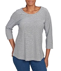 Ruby Rd. Petite Size Stripe Crew Neck 3/4 Sleeve Top